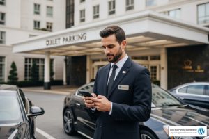 mobile valet parking attendant using smartphone at luxury property