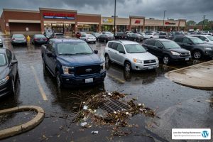 commercial parking lot with significant standing water flooding around drainage grates - fix parking lot flooding