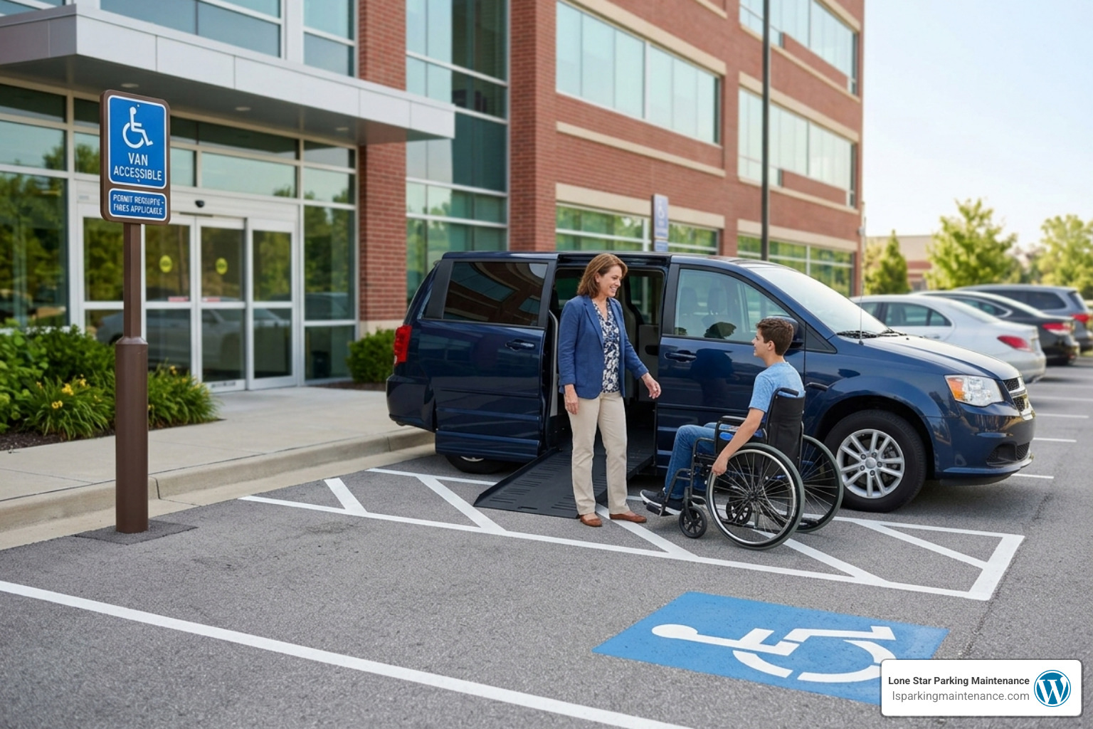 Parking lot layout showing dispersed accessible spaces located on the shortest route to entrances - ada van accessible