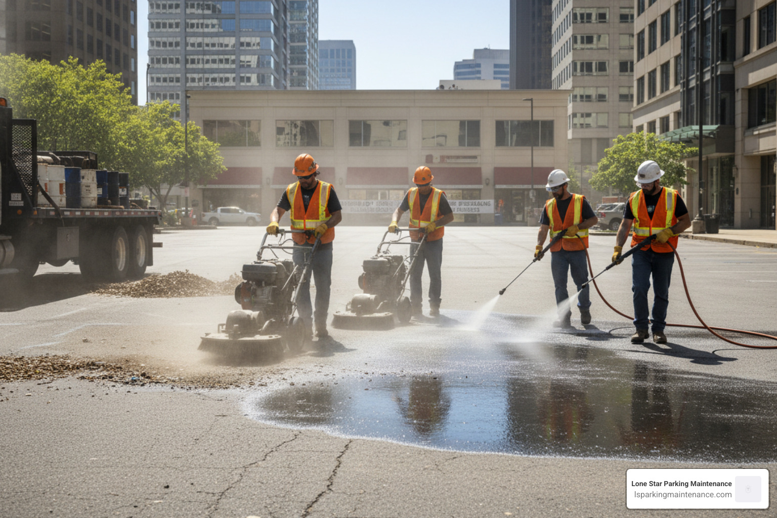 Professional crew power sweeping and cleaning a commercial asphalt surface before sealing - restaurant parking lot sealing