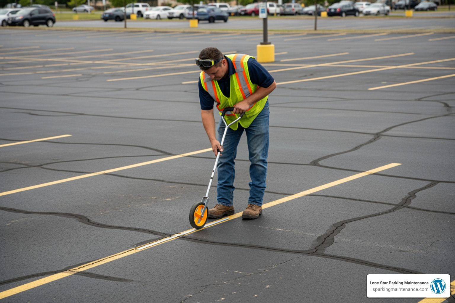 A professional technician using a measuring wheel to assess the length of asphalt cracks for an estimate
