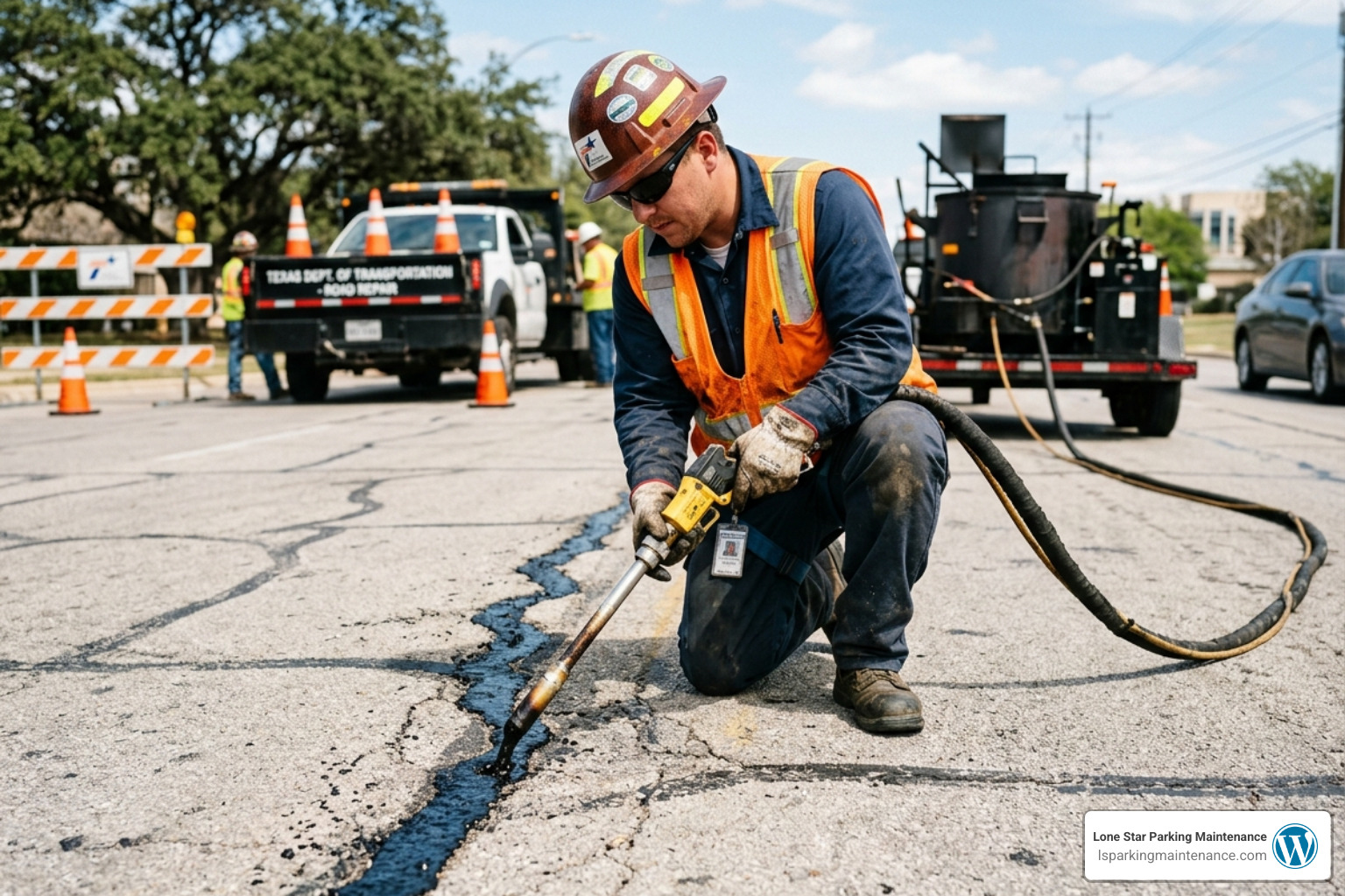 Technician using a hot-pour wand to seal asphalt cracks - asphalt crack repair service