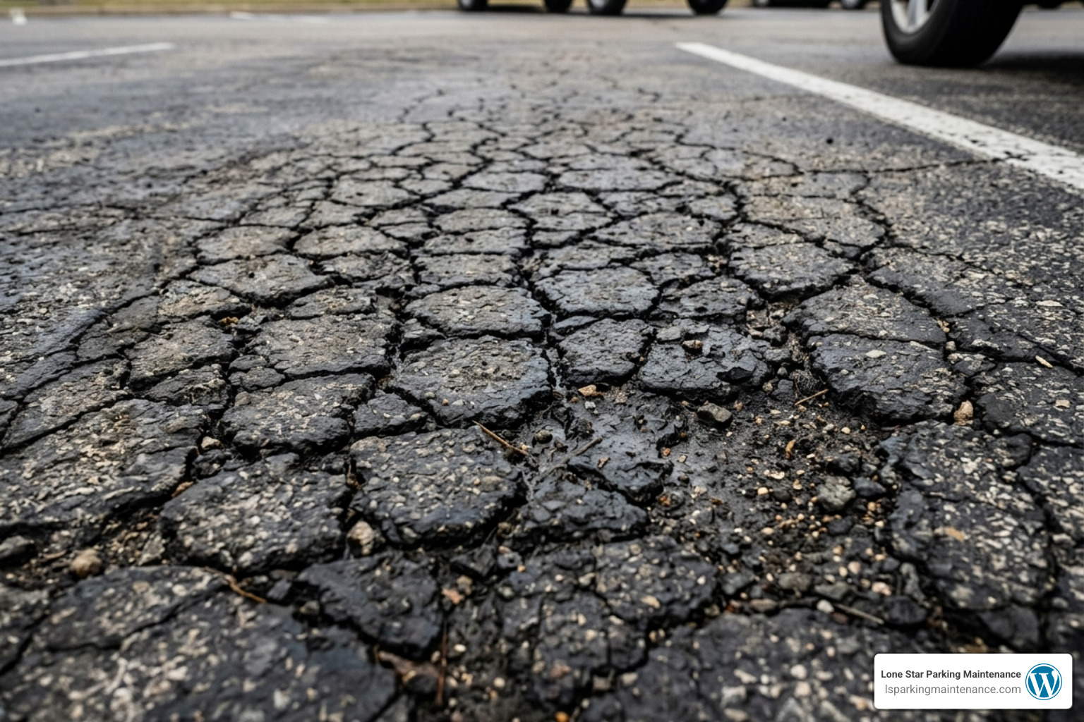alligator cracking on asphalt surface caused by water infiltration and subbase saturation - fix parking lot flooding