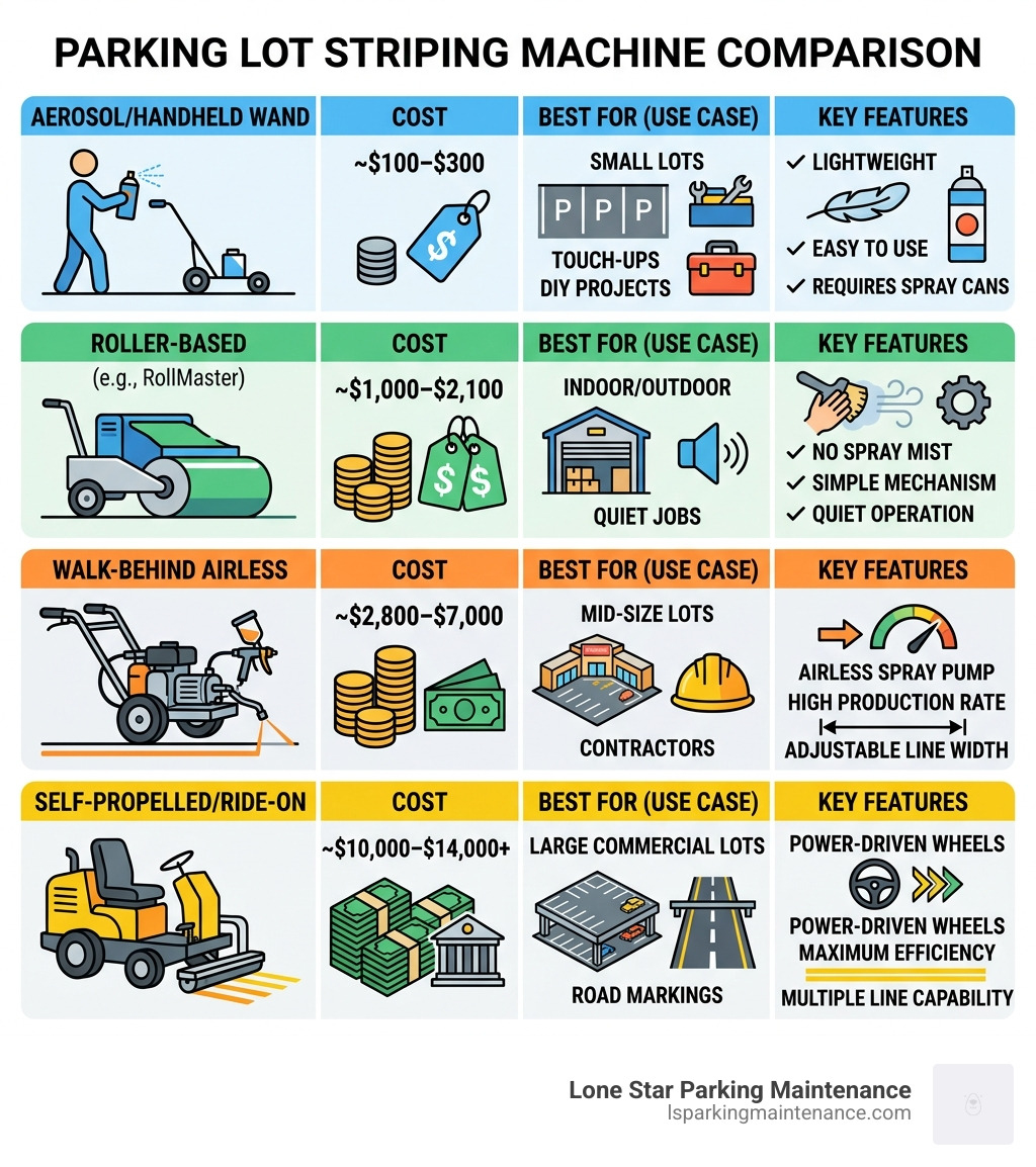Infographic comparing types of parking lot painting machines by cost, use case, and key features - parking lot painting