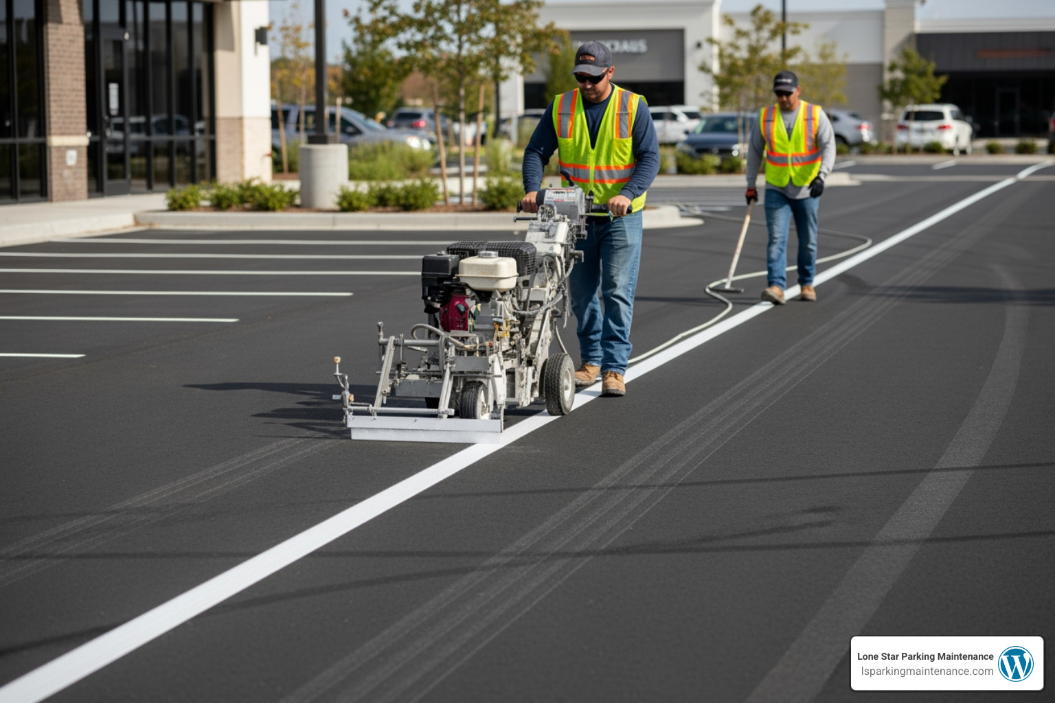 A professional crew using a striping machine to apply crisp, straight lines to a parking lot