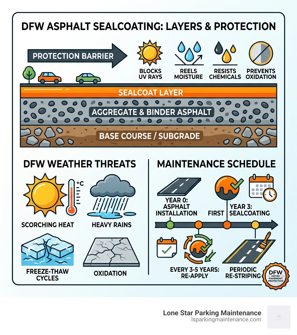 Infographic showing sealcoating layers, protection barrier, DFW weather threats, and maintenance schedule - asphalt sealing