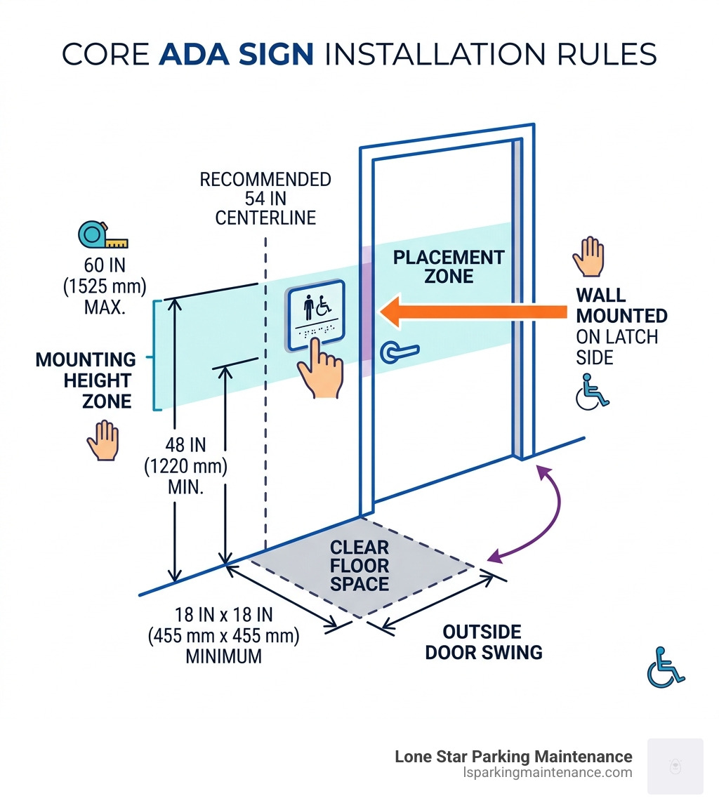 Infographic showing ADA sign placement zones, mounting heights 48-60 inches, latch side position, and 18x18 clear floor