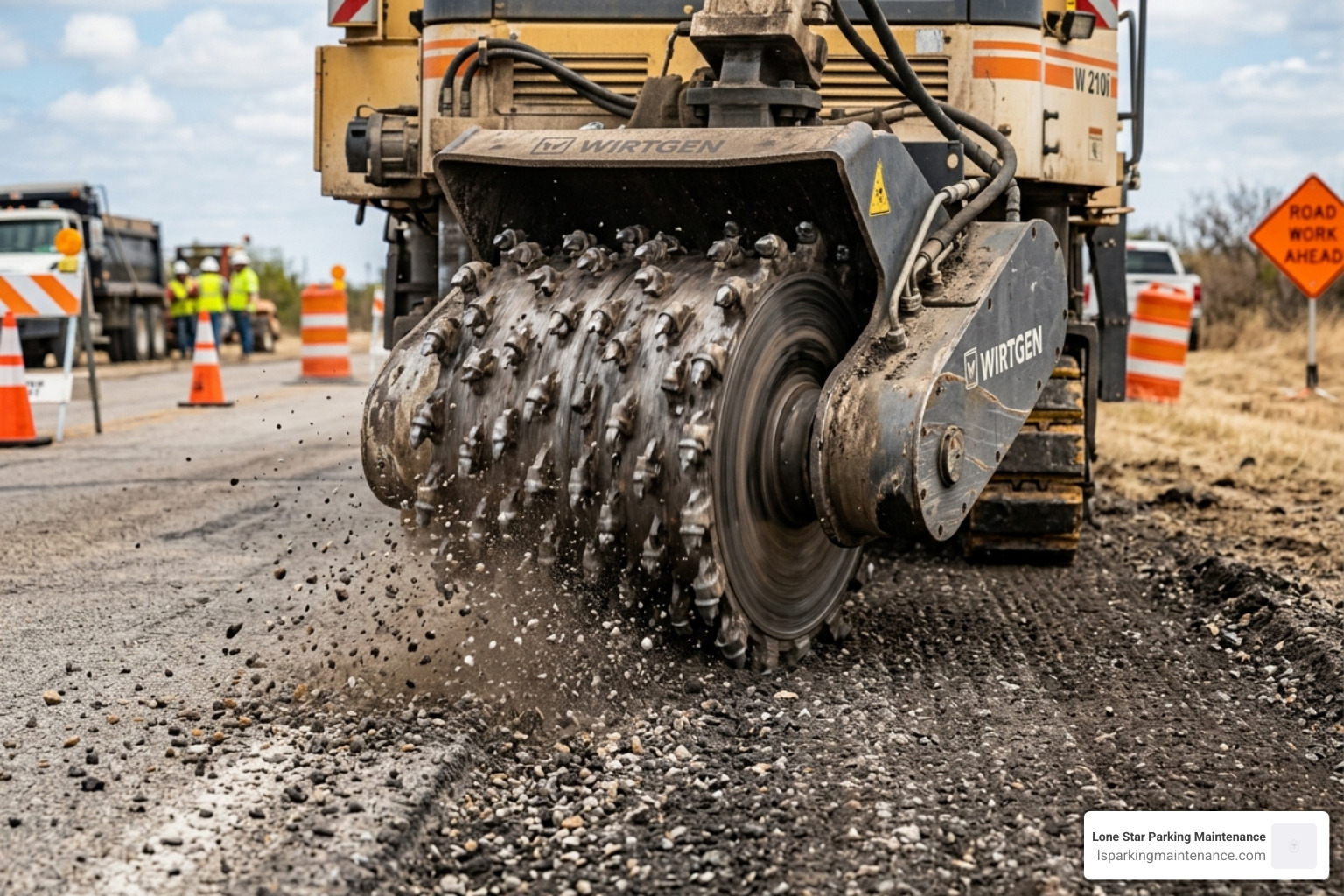Carbide cutters on a milling drum grinding asphalt surface - asphalt milling services Texas Carbide cutters on a milling drum grinding asphalt surface - asphalt milling services Texas