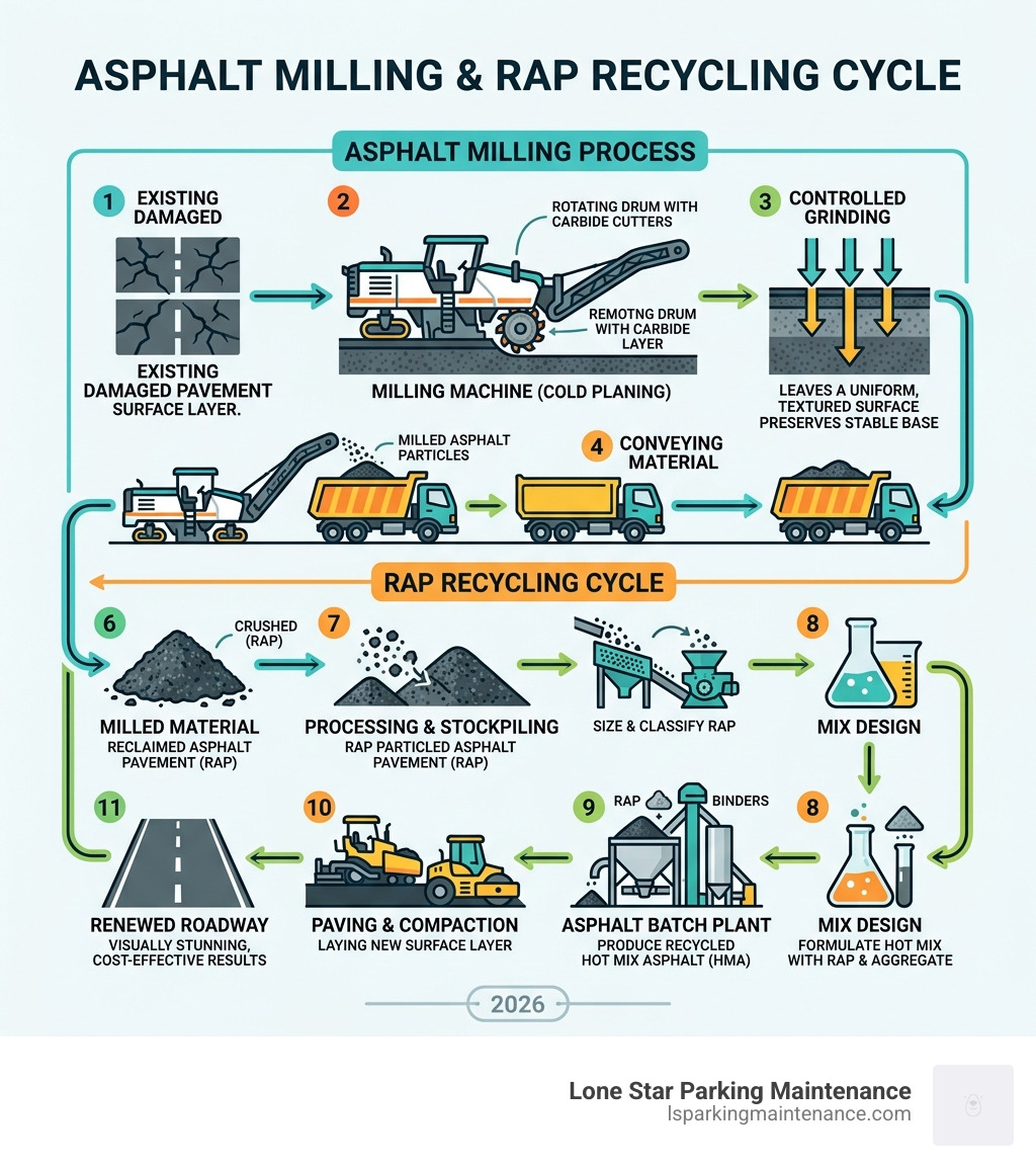 Asphalt milling process and RAP recycling cycle infographic - asphalt milling services Texas infographic Asphalt milling process and RAP recycling cycle infographic - asphalt milling services Texas infographic