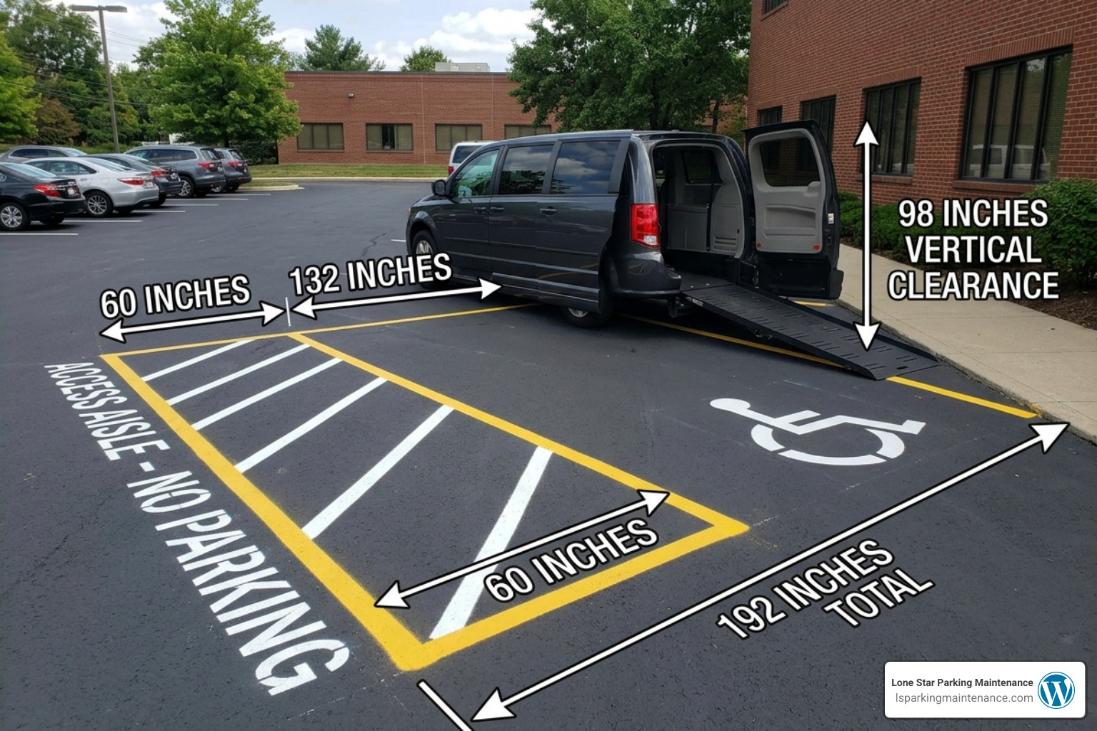 Dimension diagram of a van-accessible parking space showing width, aisle, and vertical clearance - ada van accessible