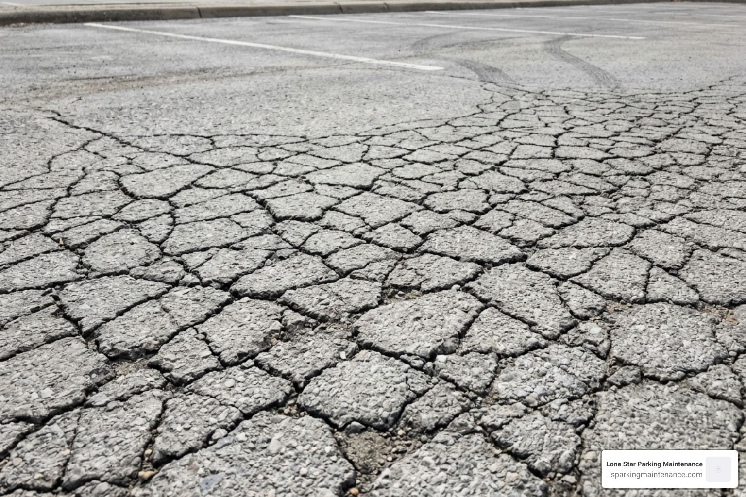 Close-up of severe alligator cracking and gray, oxidized asphalt surface - resurfacing asphalt parking lots