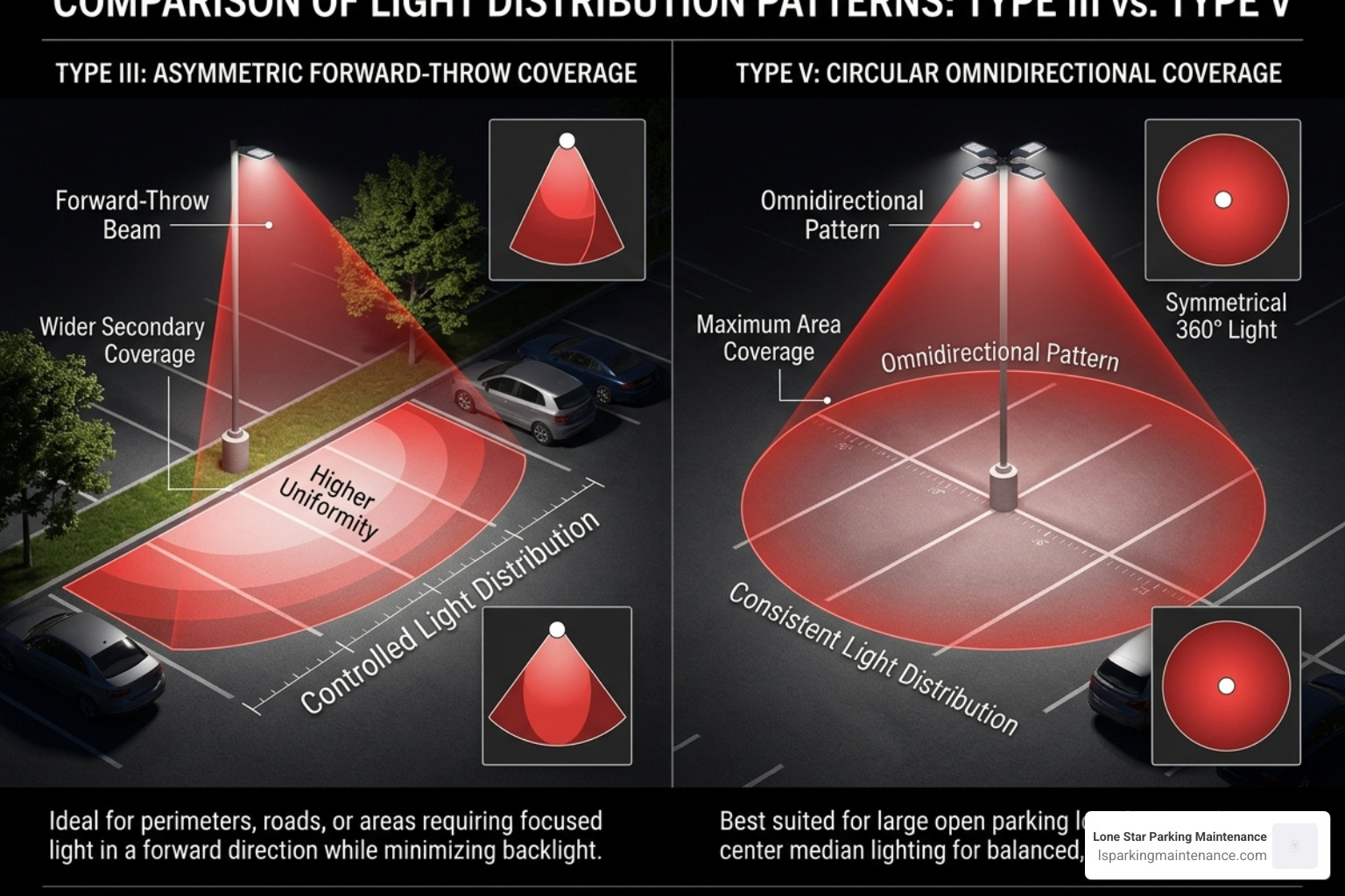 Light distribution patterns showing Type III and Type V coverage - parking lot light post