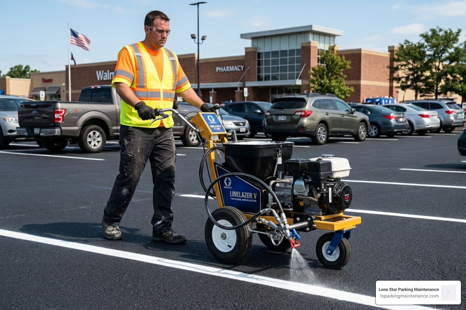 A professional airless striper applying a crisp white line on fresh asphalt - parking lot painting machine