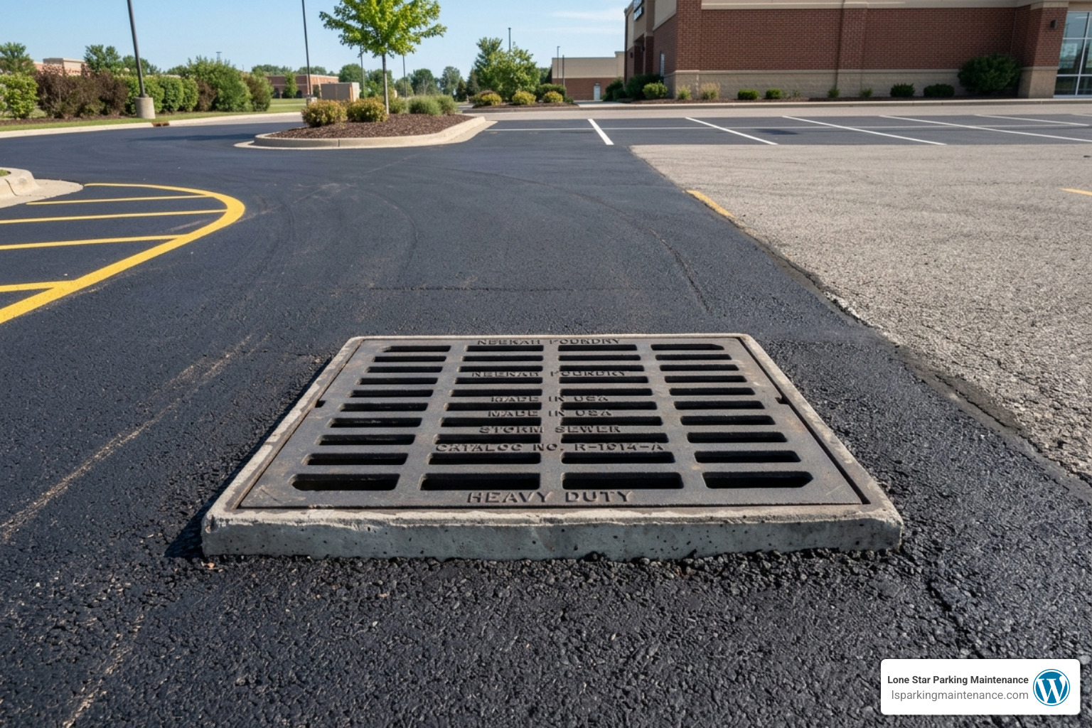 newly installed concrete catch basin with heavy-duty iron grate in a commercial lot - fix parking lot flooding