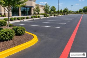 freshly painted curbs in a commercial parking lot