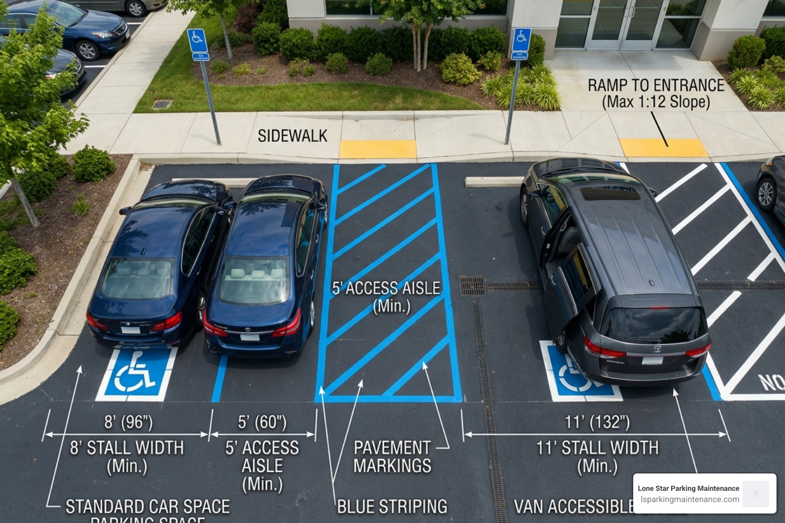 Diagram showing car and van space dimensions with access aisles - ada compliant parking lot striping Diagram showing car and van space dimensions with access aisles - ada compliant parking lot striping