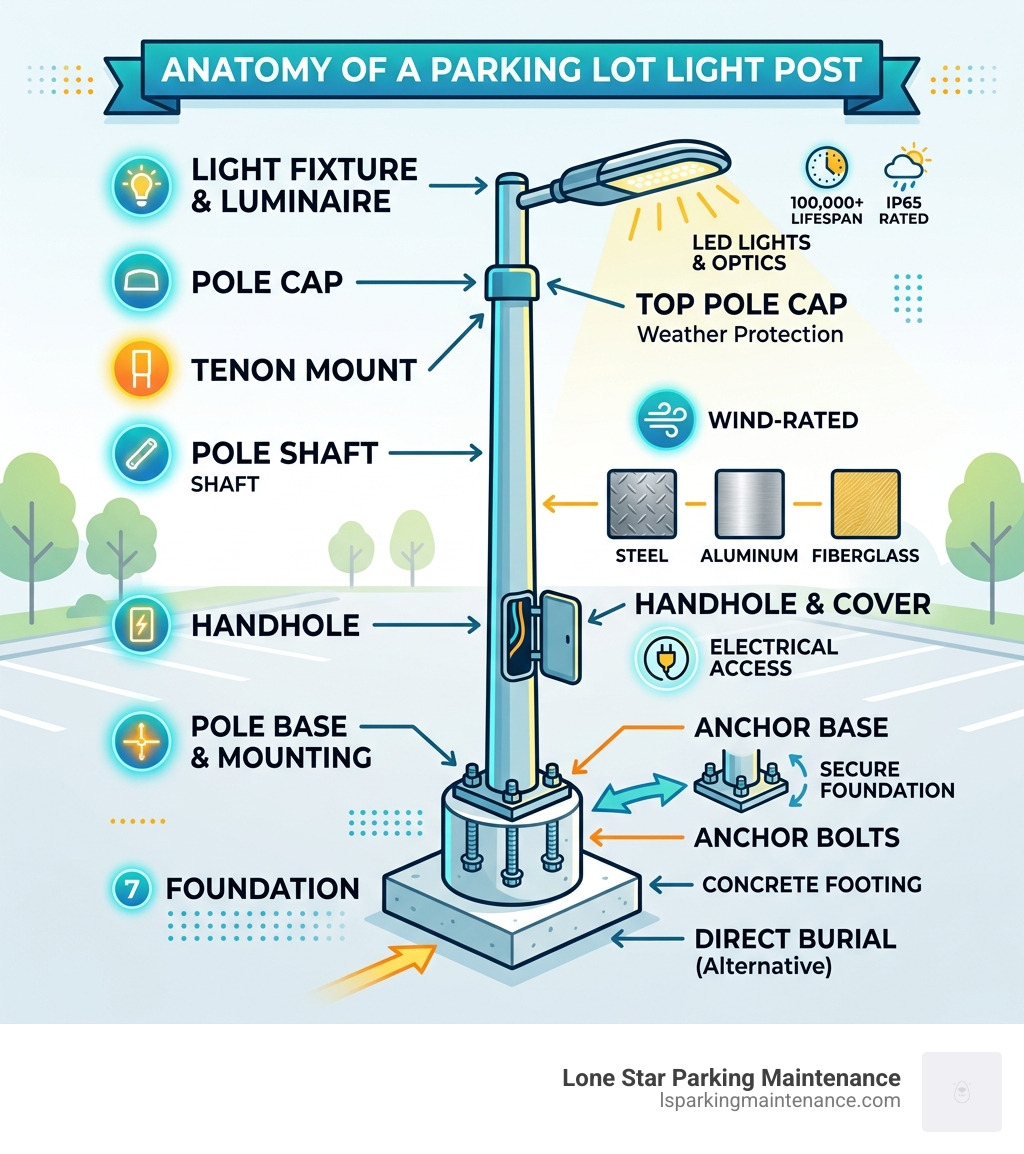 Infographic showing anatomy of a parking lot light post and its key components - parking lot light post infographic 