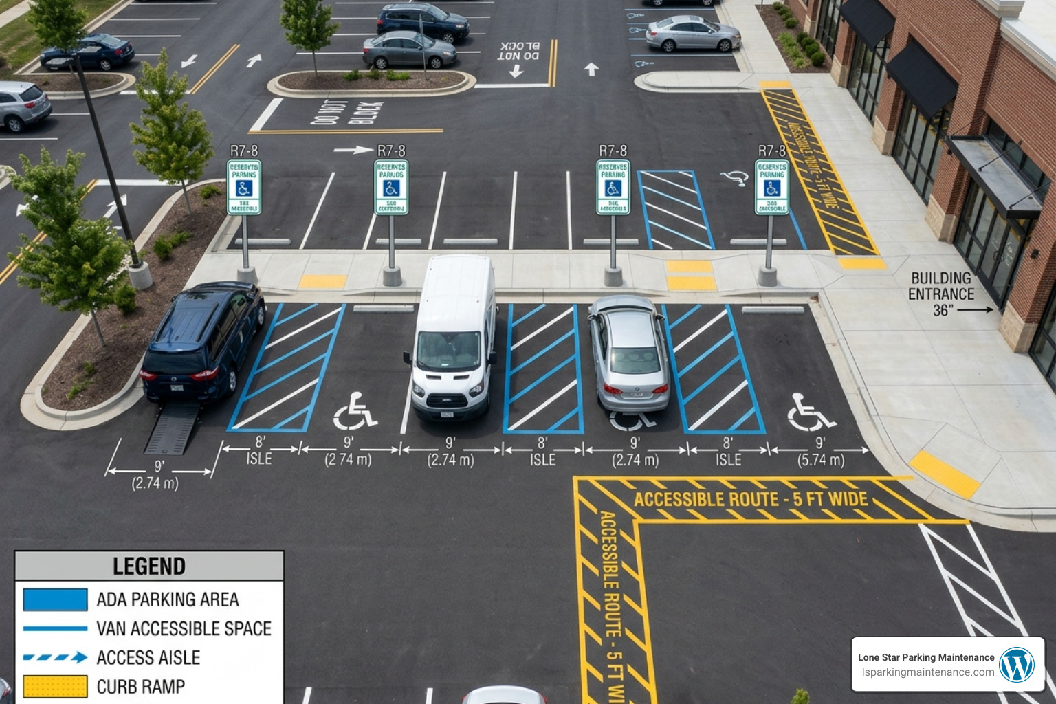 Parking lot layout diagram showing accessible routes and spaces - ada compliance for parking lots