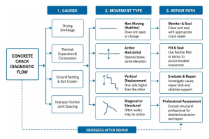 Concrete crack diagnostic flowchart showing causes, movement types, and repair paths