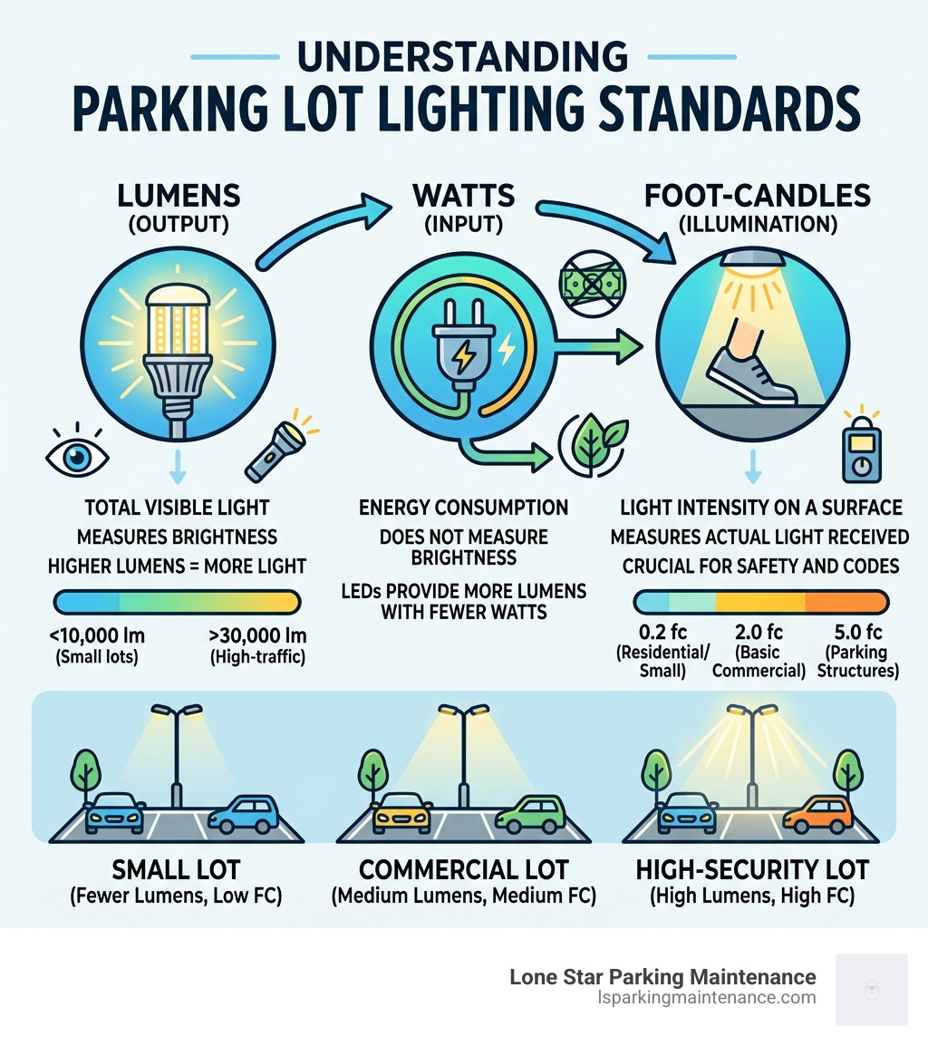 Infographic comparing lumens watts and foot-candles for parking lot lighting standards - recommended lumens for parking lot Infographic comparing lumens watts and foot-candles for parking lot lighting standards - recommended lumens for parking lot