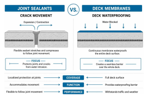 Comparison of joint sealants vs deck membranes showing crack movement vs deck waterproofing