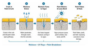 Diagram showing how moisture and UV rays break down paint on unrepaired concrete curbs